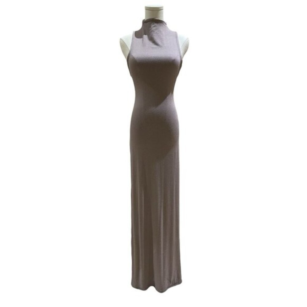 Naked Wardrobe High Neck maxi Dress Latte Brown Stretch Long Dress SZ 1 NEW